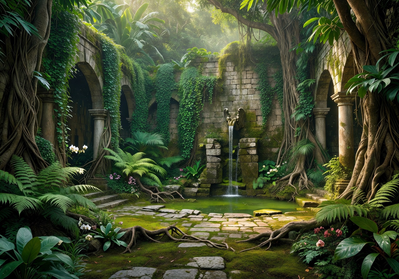 A serene medieval courtyard overtaken by lush jungle flora