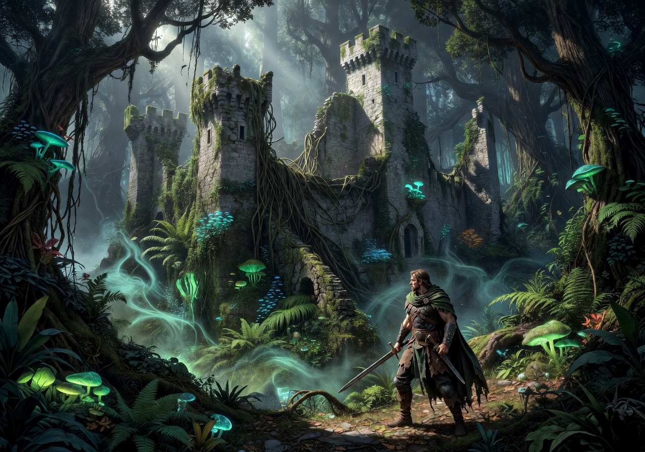 Mystical medieval forest with glowing ancient castle ruins overgrown with jungle vines